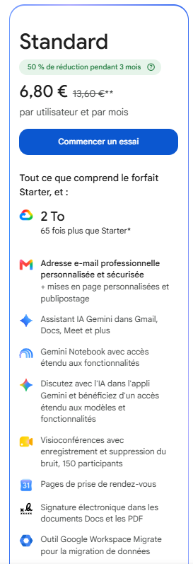 Capture d’écran des fonctionnalités du forfait Google Workspace Business Standard
