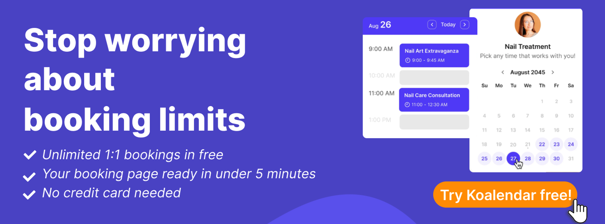 banner about no booking limits with Koalendar scheduling software compared to simplybook.me features 