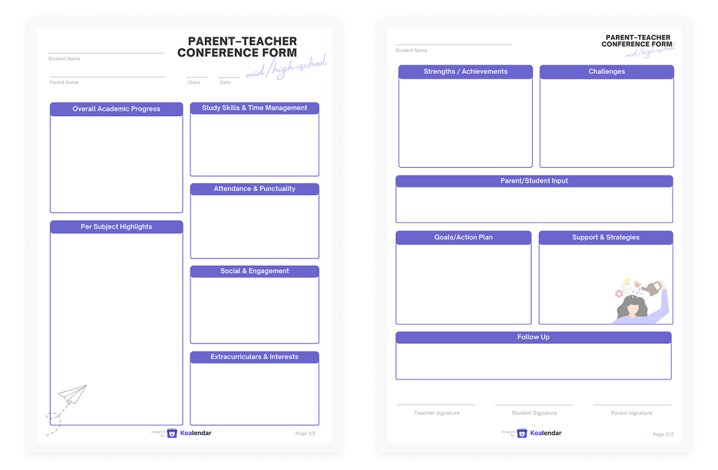 screenshot of parent-teacher conference form for mid and high school  designed by koalendar 
