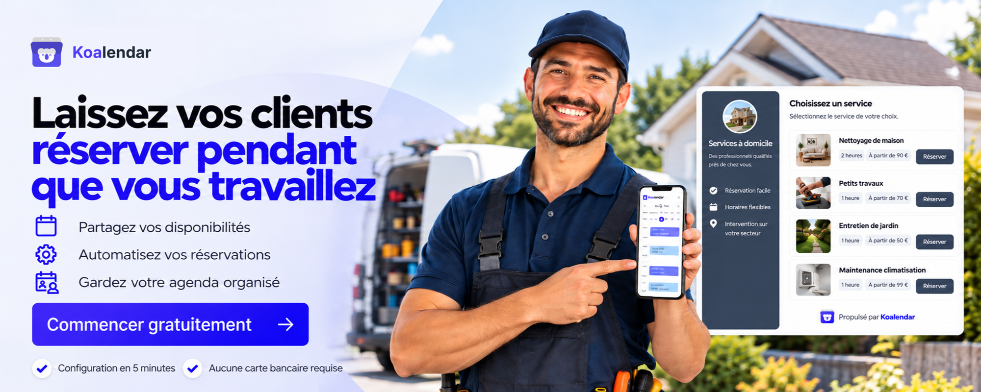 Bannière Koalendar présentant un logiciel de planification pour les services à domicile, permettant de prendre les rendez-vous des clients lors des interventions.
