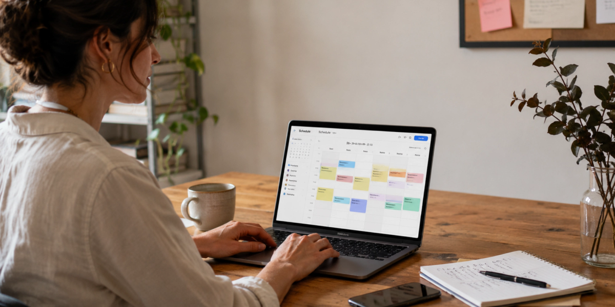 Woman using a laptop calendar in a home office, showing how to merge Google Calendars and manage multiple schedules