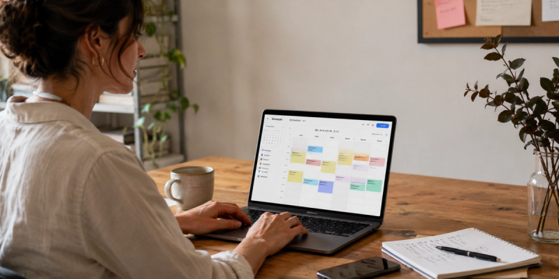 Woman using a laptop calendar in a home office, showing how to merge Google Calendars and manage multiple schedules