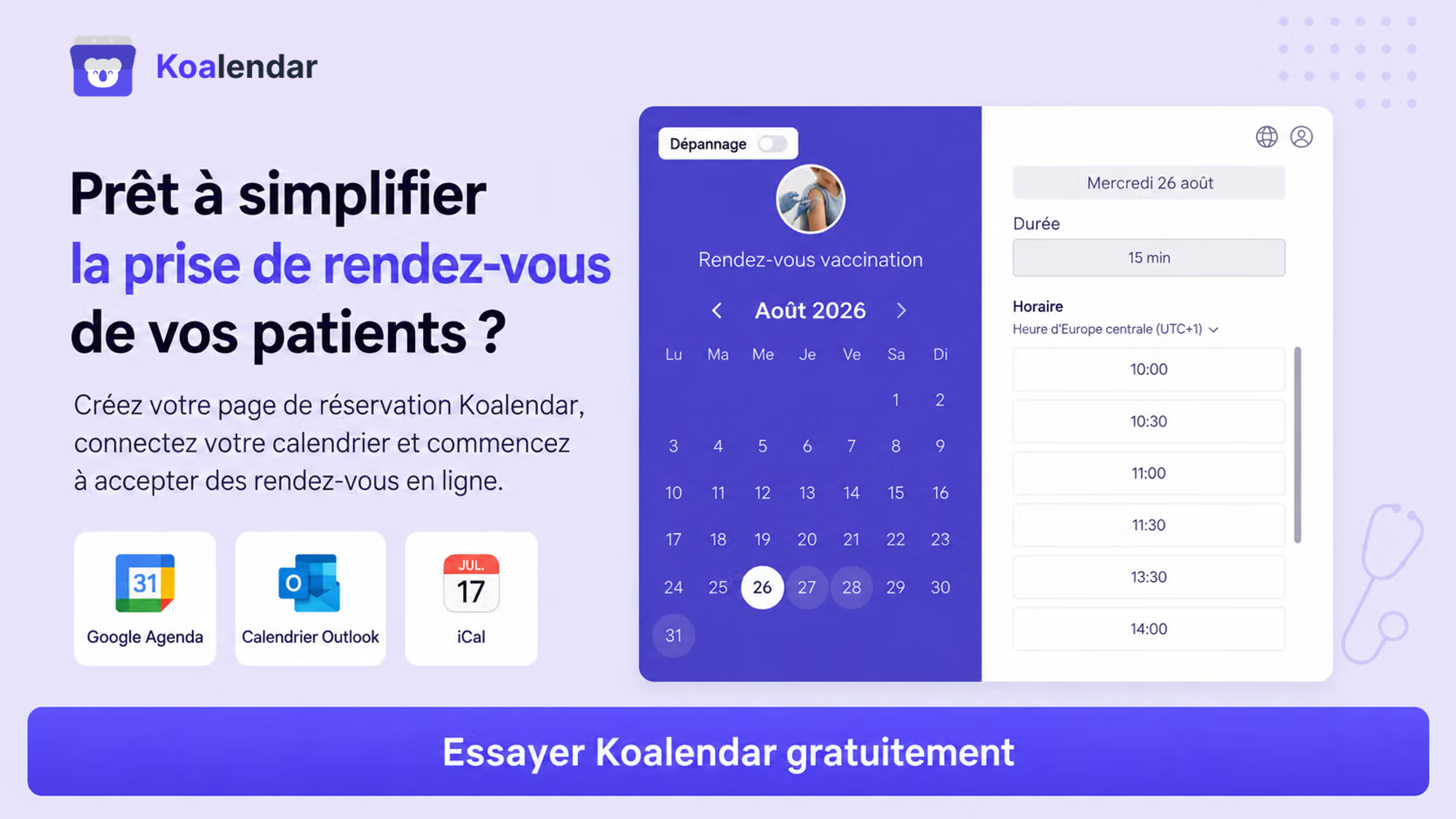 bannière du système de prise de rendez-vous pour patients Koalendar visant à améliorer l’efficacité de la planification des rendez-vous