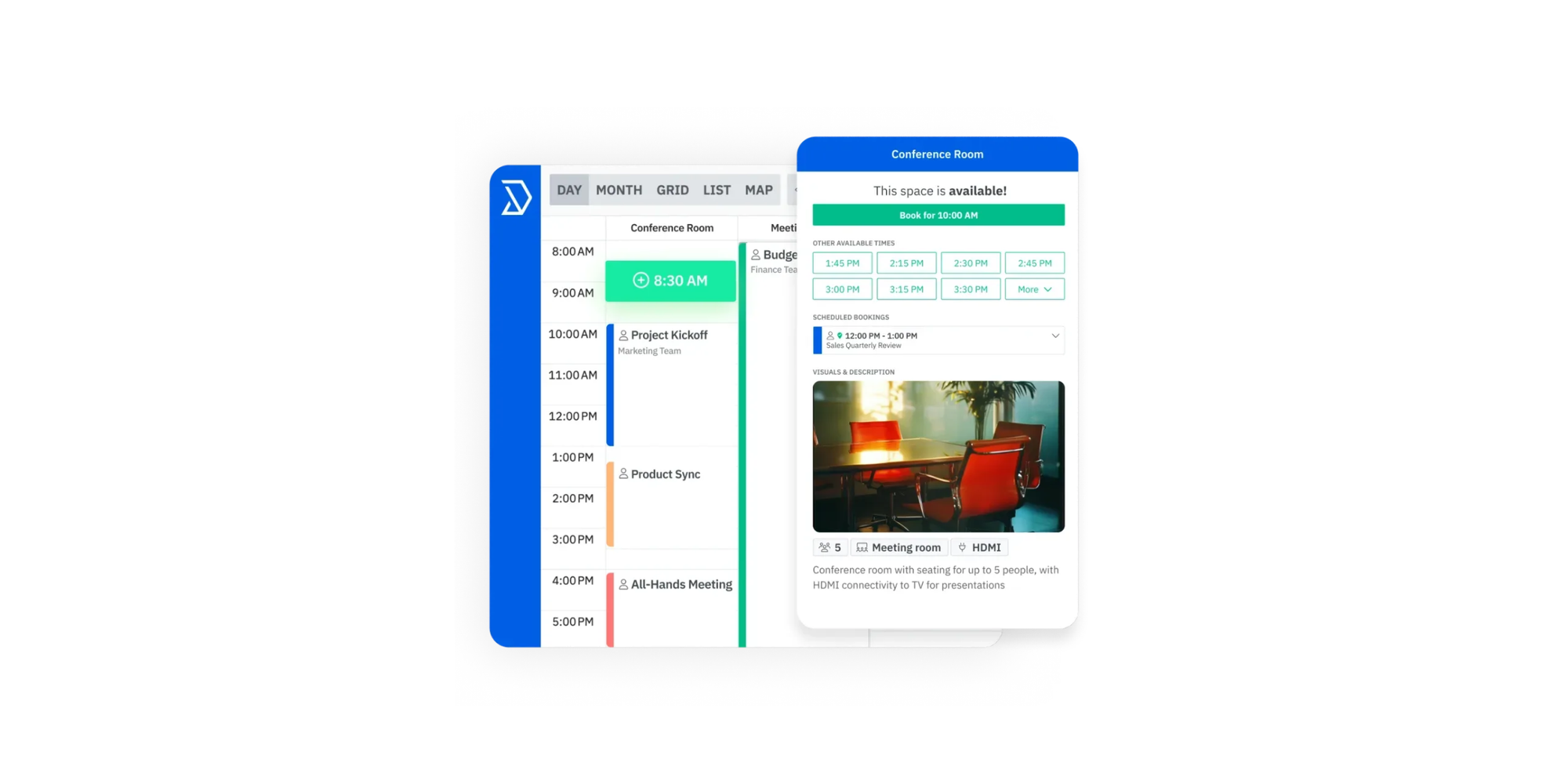 Skedda conference room booking interface illustrating Resource booking software.