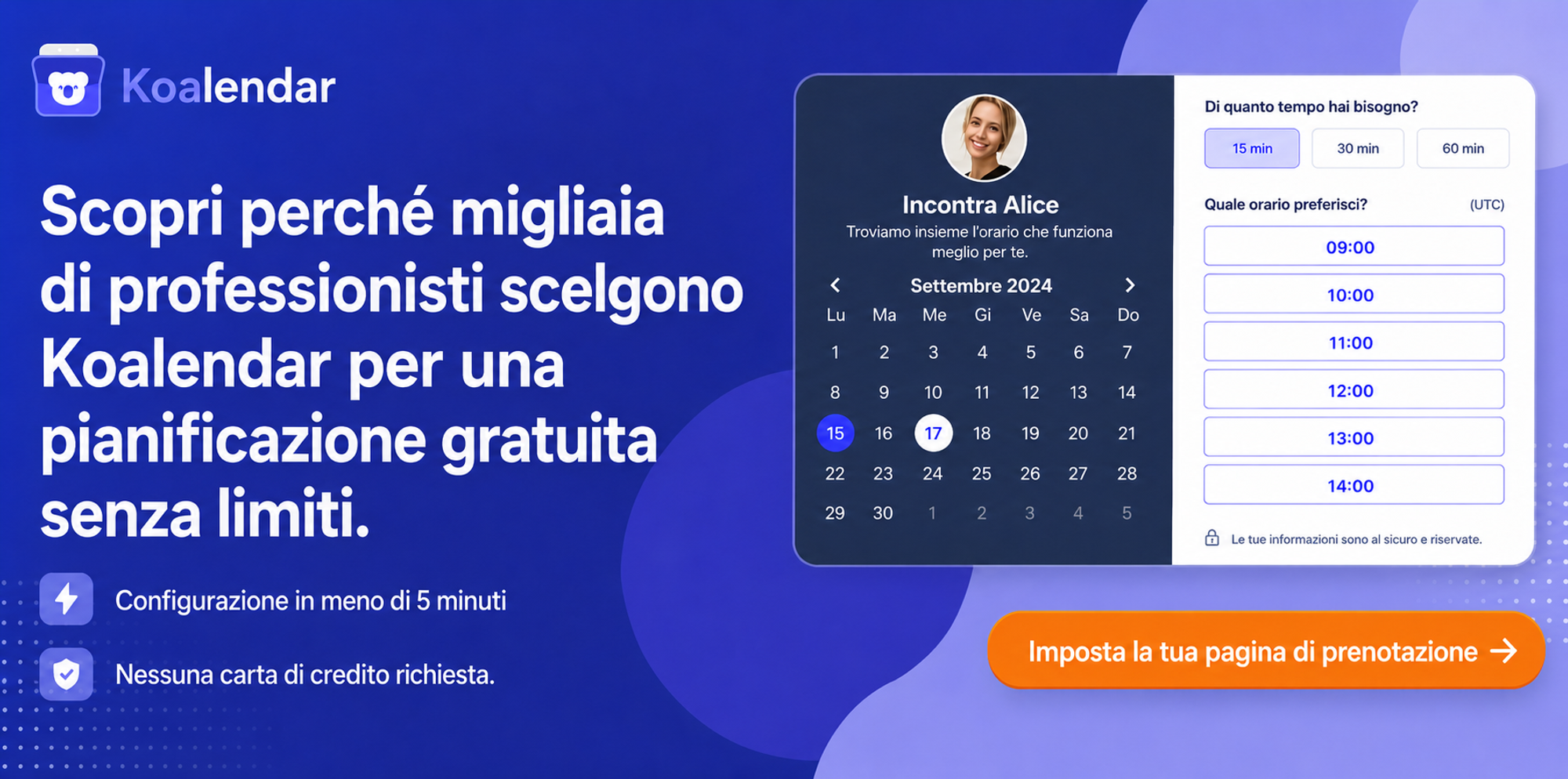 Banner della pagina di prenotazione gratuita di Koalendar che illustra un software per la pianificazione degli appuntamenti per una scuola di musica.