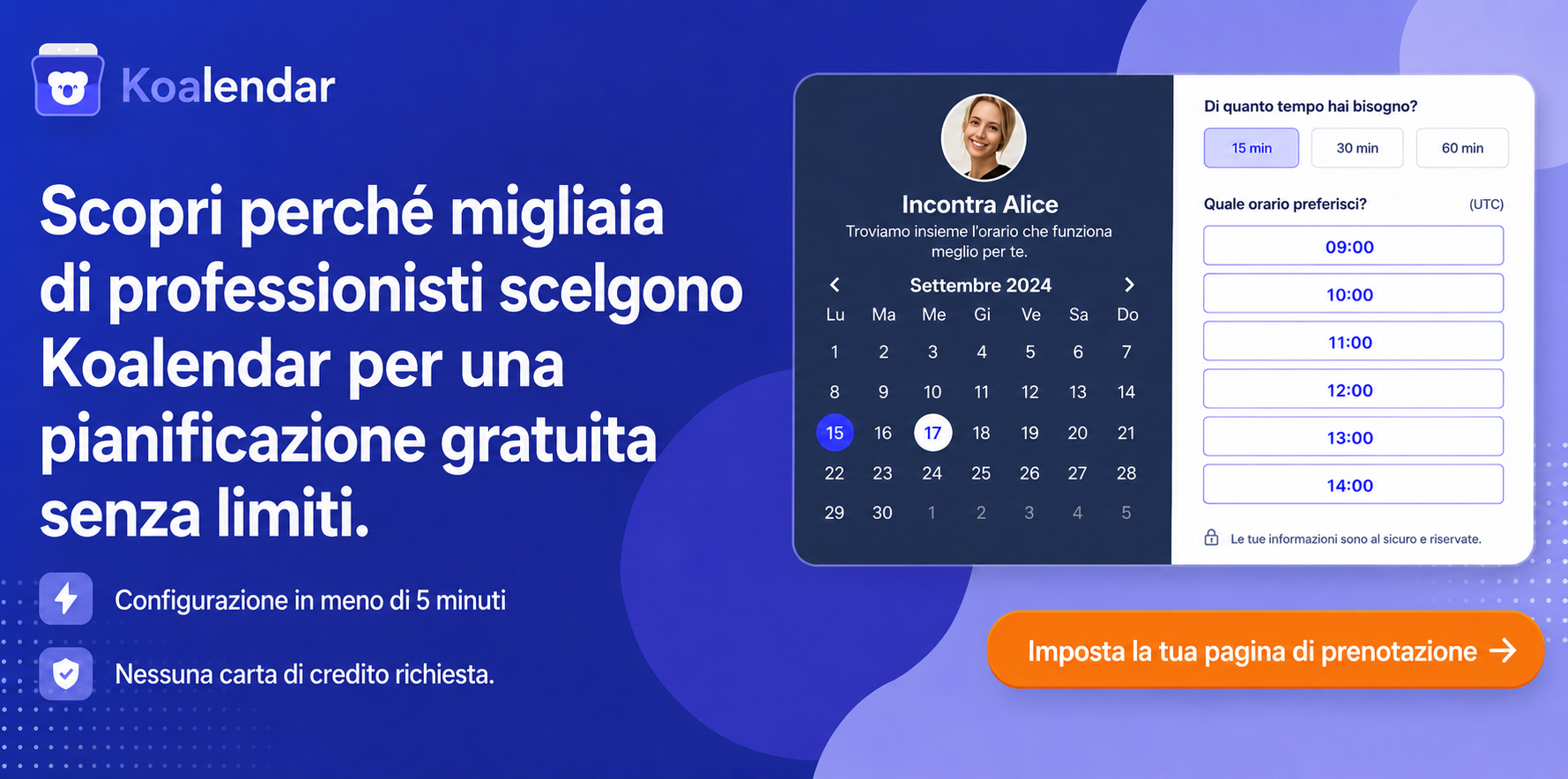 Banner della pagina di prenotazione gratuita di Koalendar che illustra un software per la pianificazione degli appuntamenti per una scuola di musica.