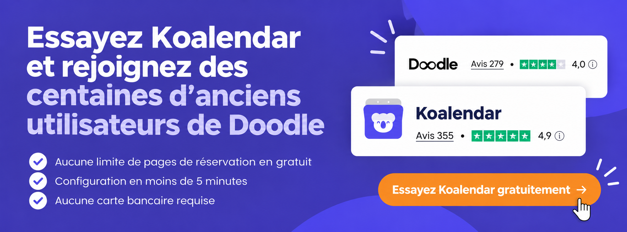 Bannière comparant l’outil de planification Koalendar à Doodle, avec des avis Trustpilot