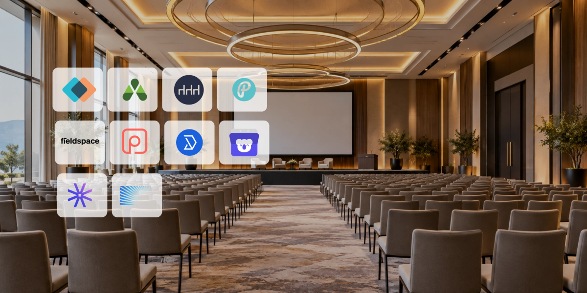 Facility manager using venue scheduling software alongside logos of leading venue booking platforms