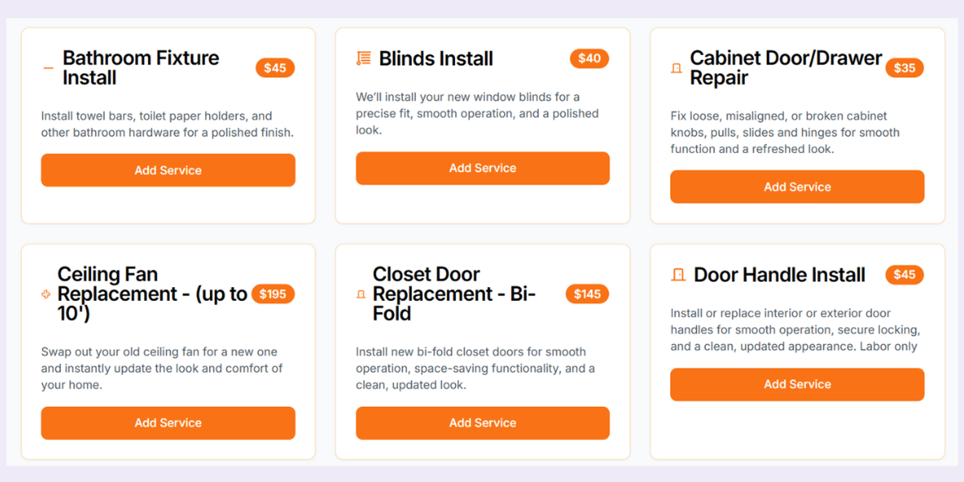  handyman web design​ service menu with durations