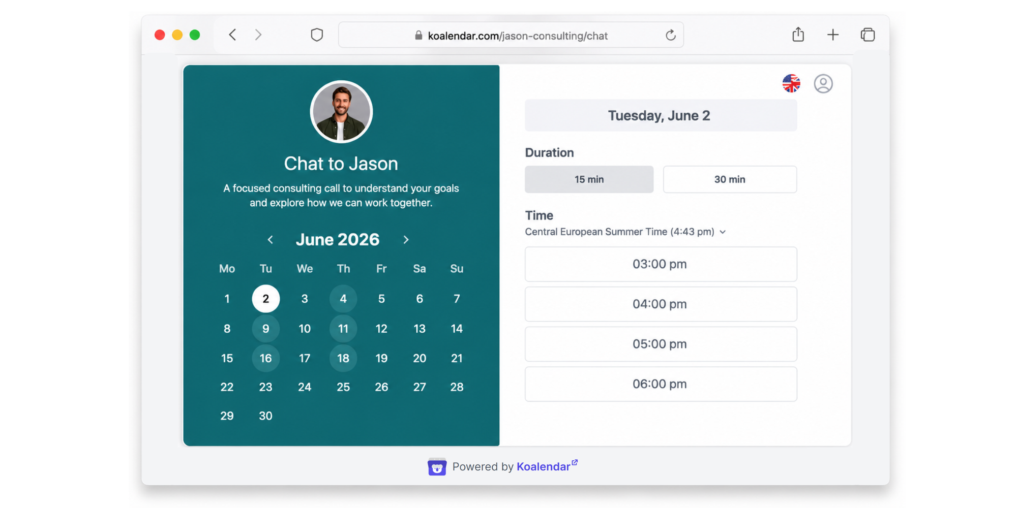 consulting booking page made with koalendar of a coach who considered Calendly pros and cons 