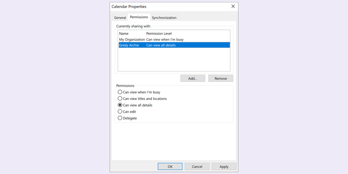 View shared calendar in Outlook properties