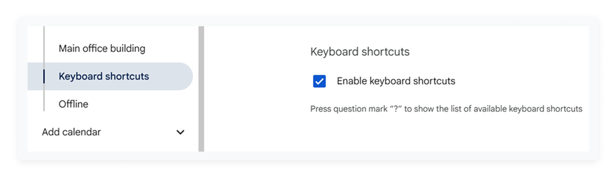 screenshot of keyboard shortcuts as one of google calendar hacks