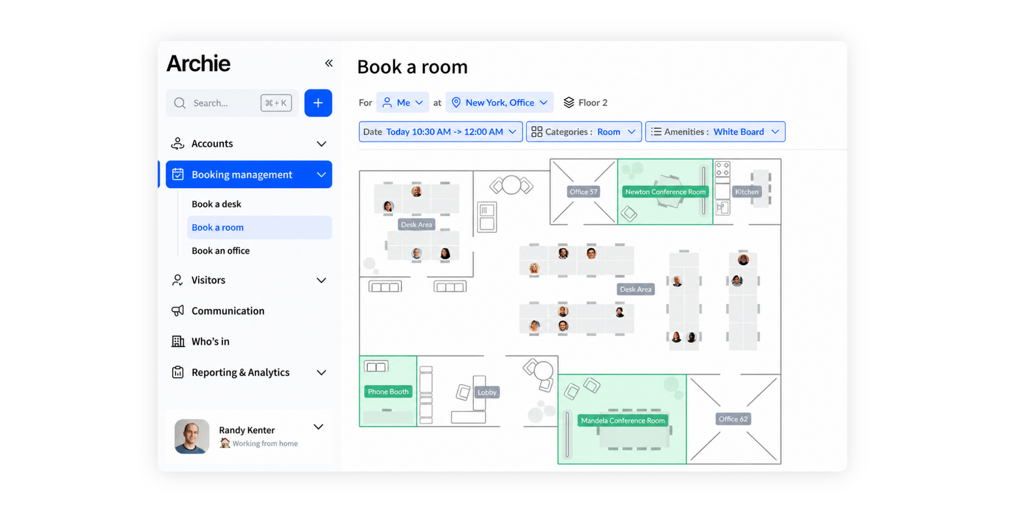 Archie floor plan for reserving meeting spaces in Room and resource booking software.
