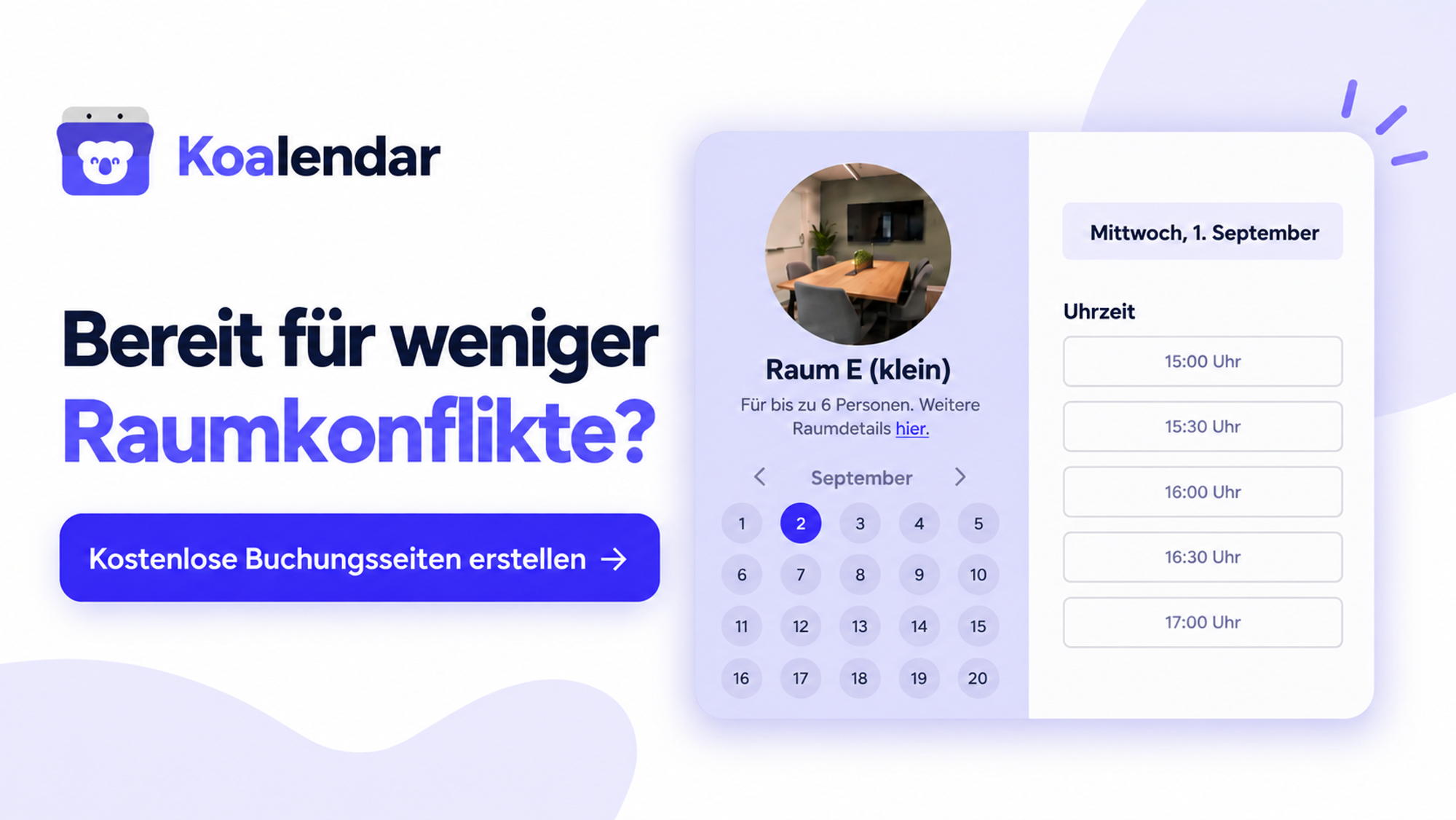 Banner für das kostenlose Buchungssystem von Besprechungsräumen von Koalendar 
