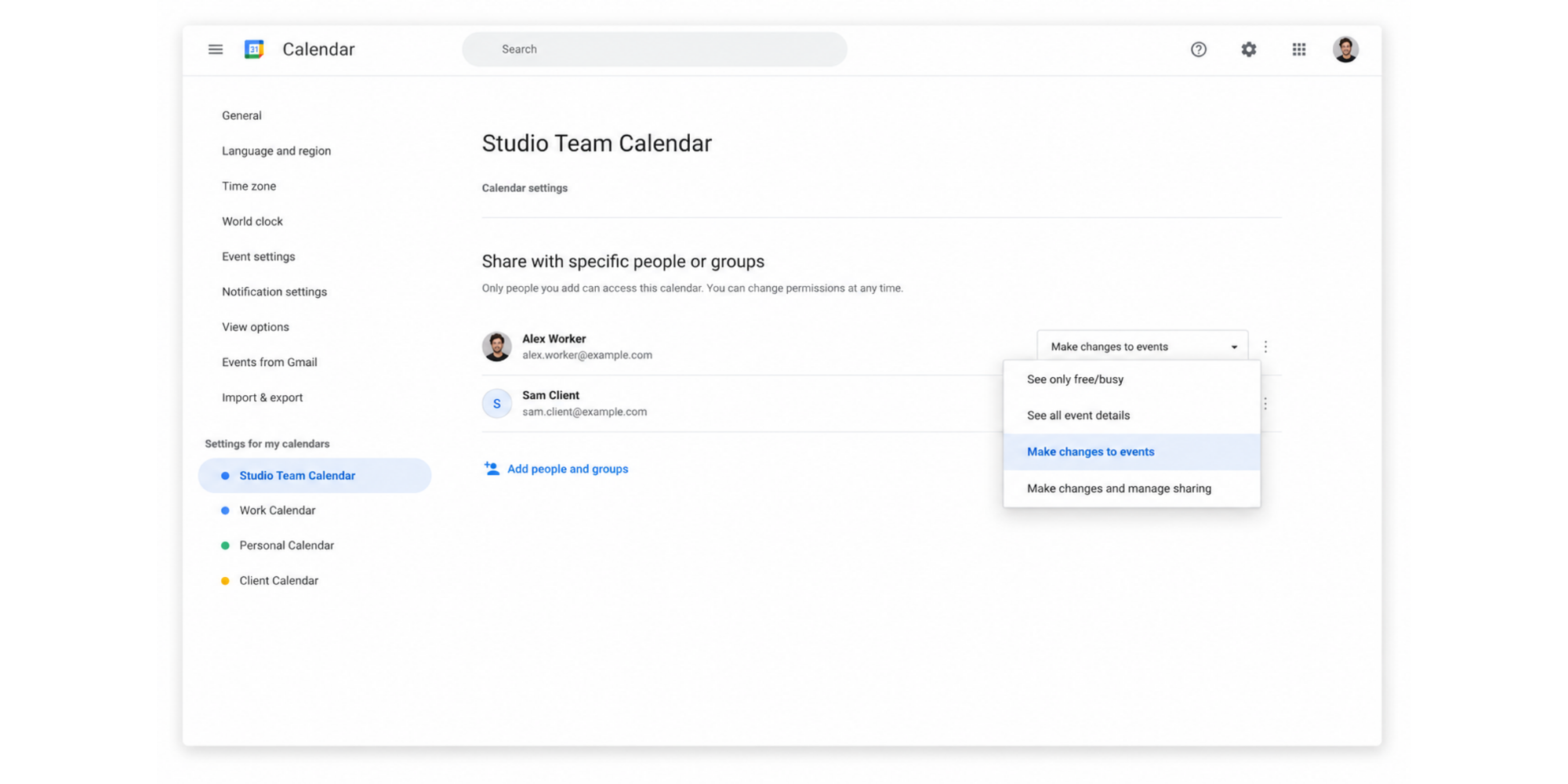 screenshot of google calendar settings of sharing calendar after merge two google calendars for a team