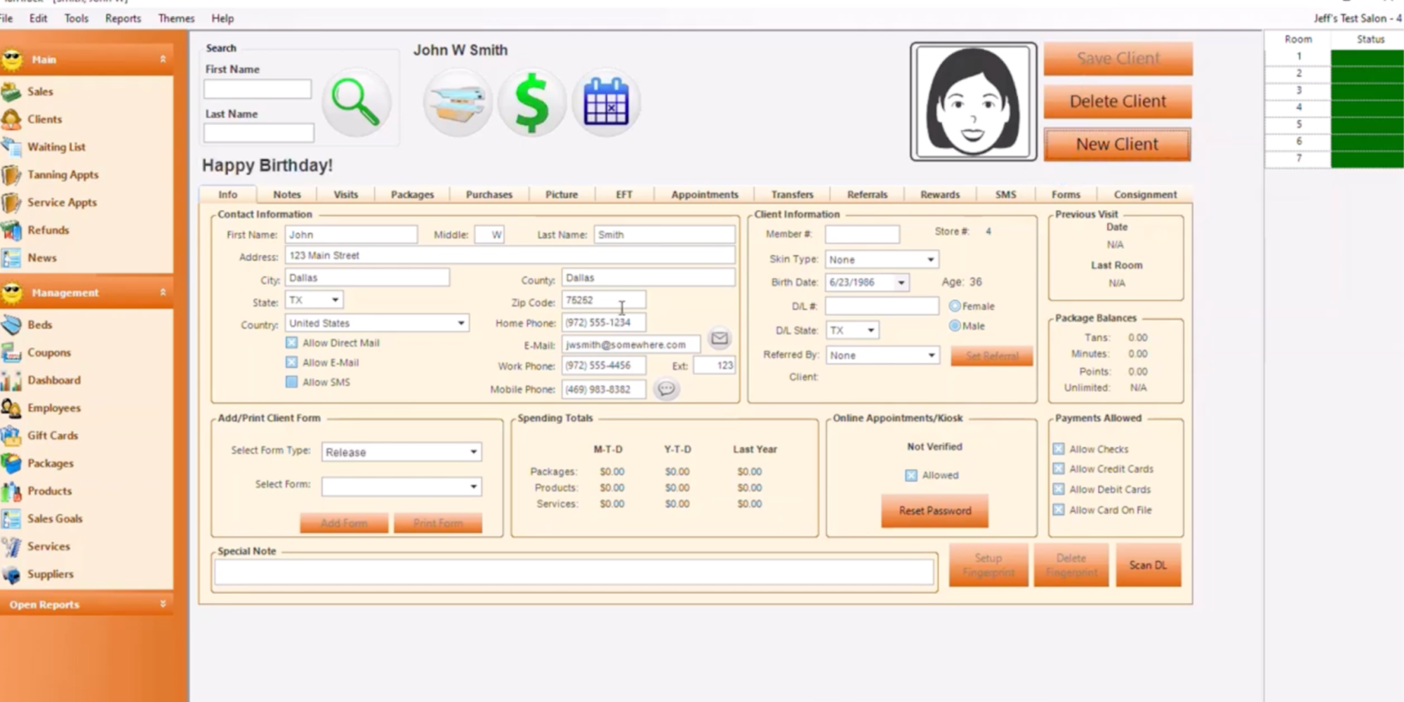 TanTrack client management dashboard with contact and tanning data, useful for tanning salon scheduling software tasks