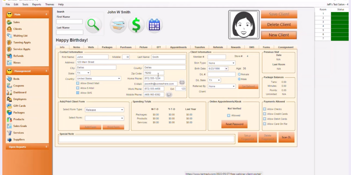 TanTrack client management dashboard with contact and tanning data, useful for tanning salon scheduling software tasks
