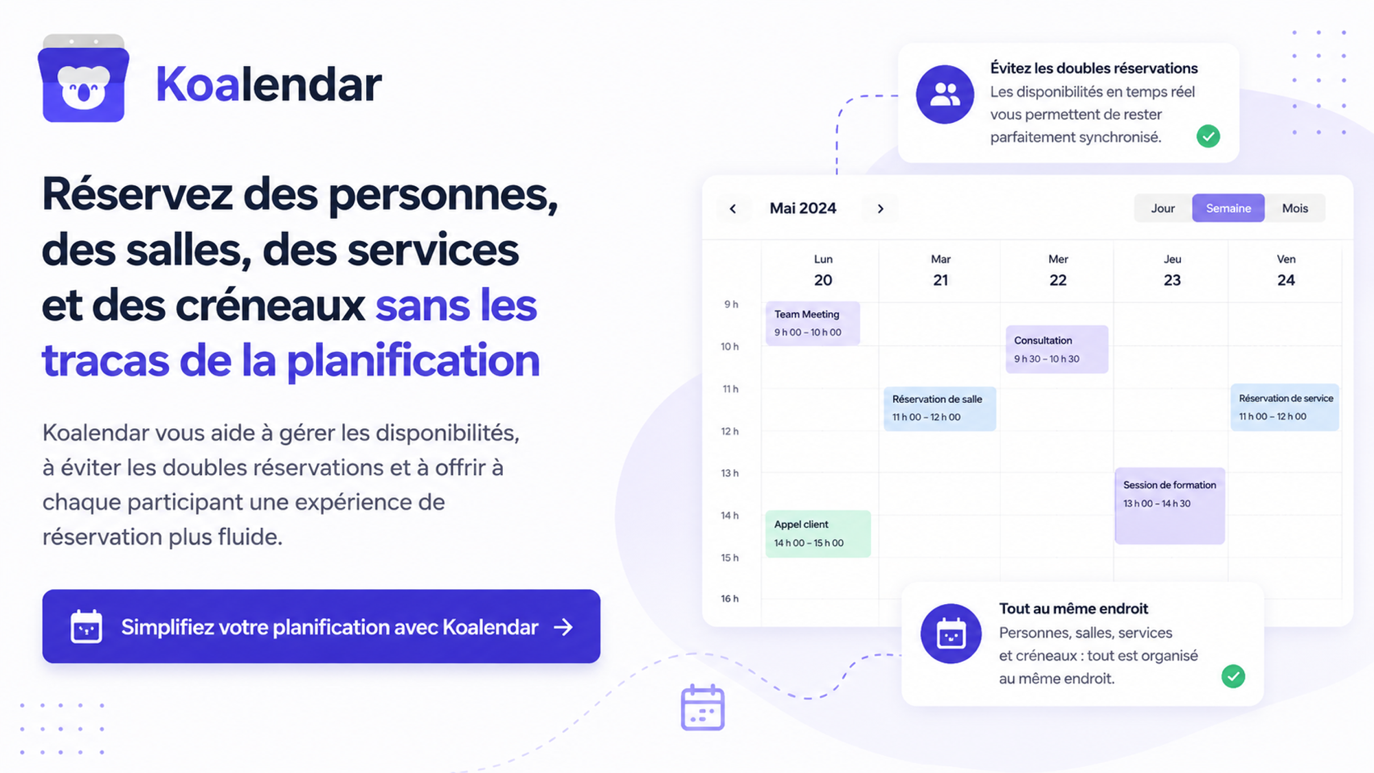 Solution de planification Koalendar pour réserver des événements et des ressources