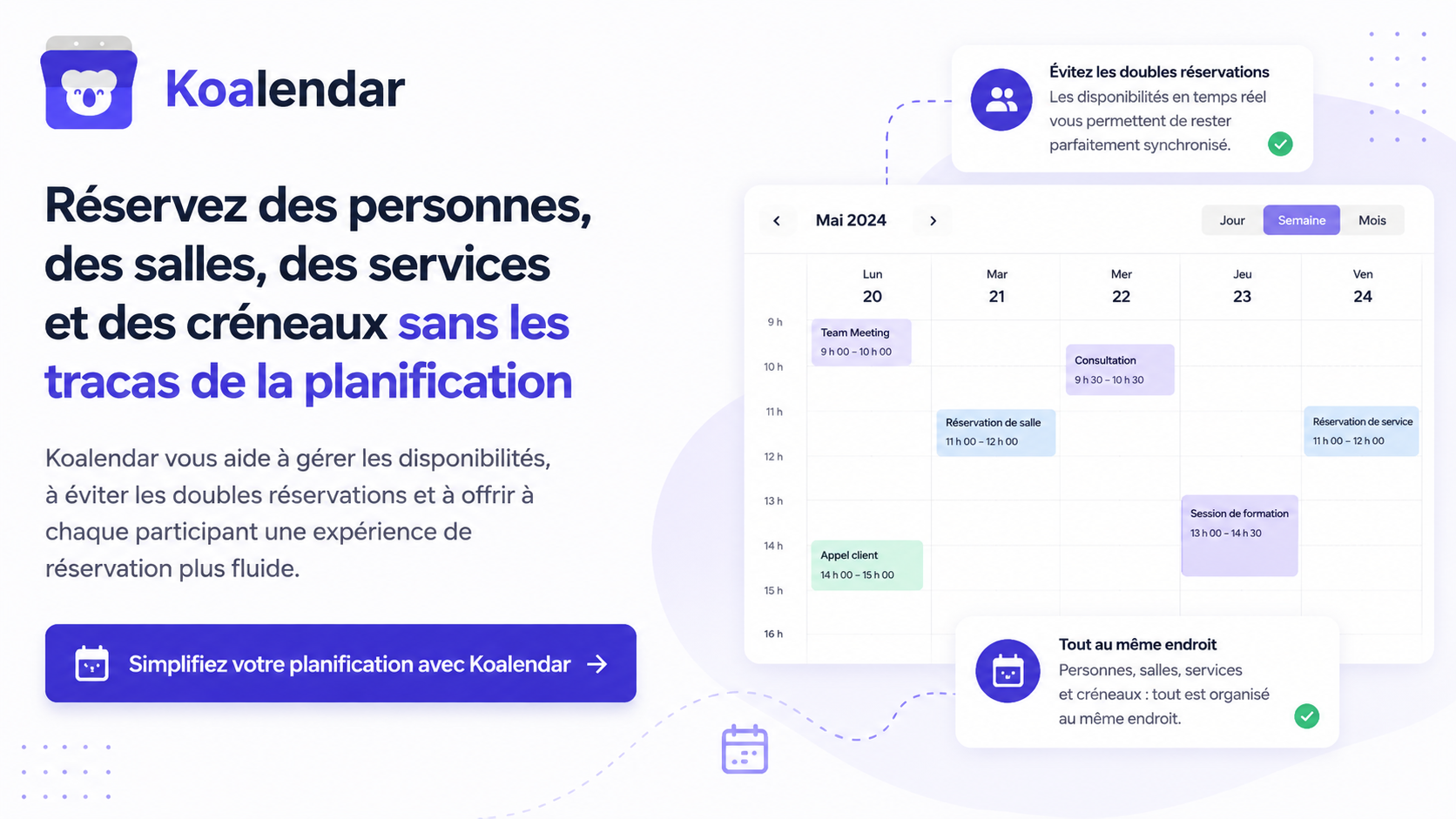 Solution de planification Koalendar pour réserver des événements et des ressources