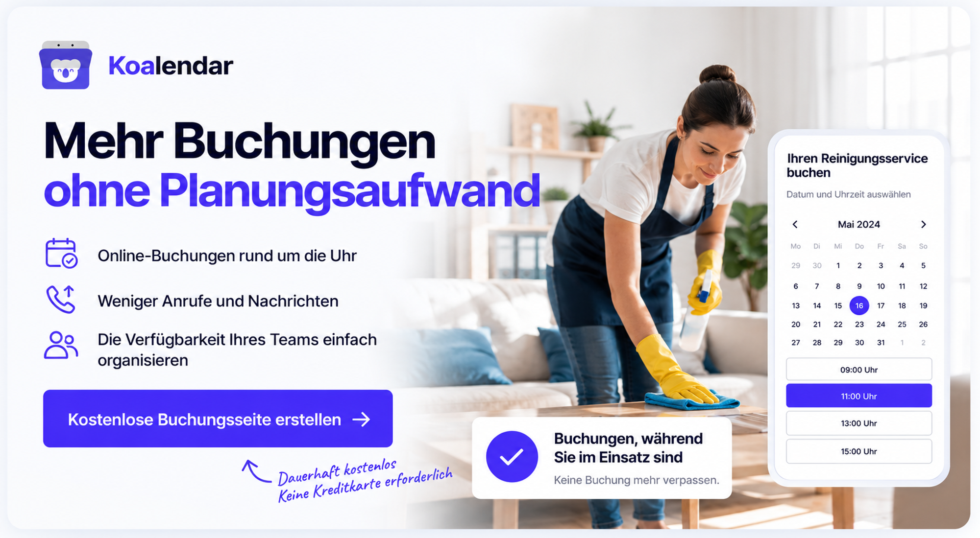 Koalendar-Banner für ein Reinigungsunternehmen, das Buchungen für Haushaltsdienstleistungen anbietet.