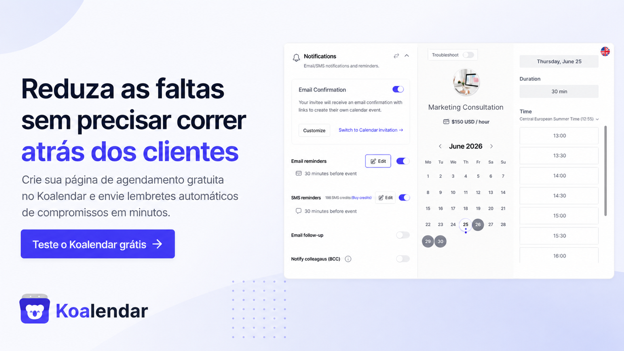 banner da ferramenta de agendamento Koalendar com sistema de lembrete de compromissos para reduzir faltas