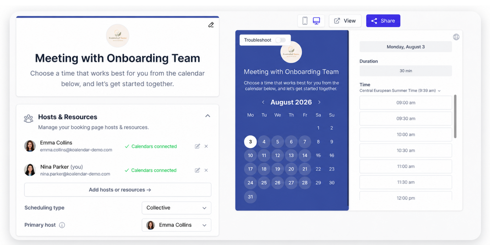 Onboarding team booking page with hosts, calendar, and time slots, shown as an alternative to Google Poll for dates