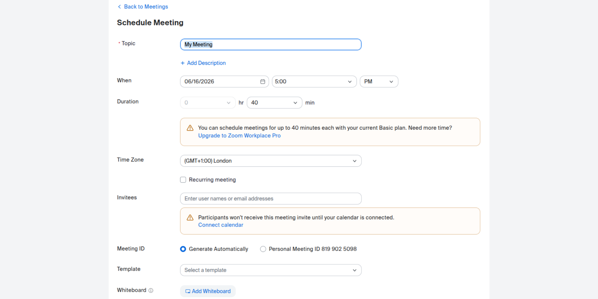 Setting up a meeting in Zoom