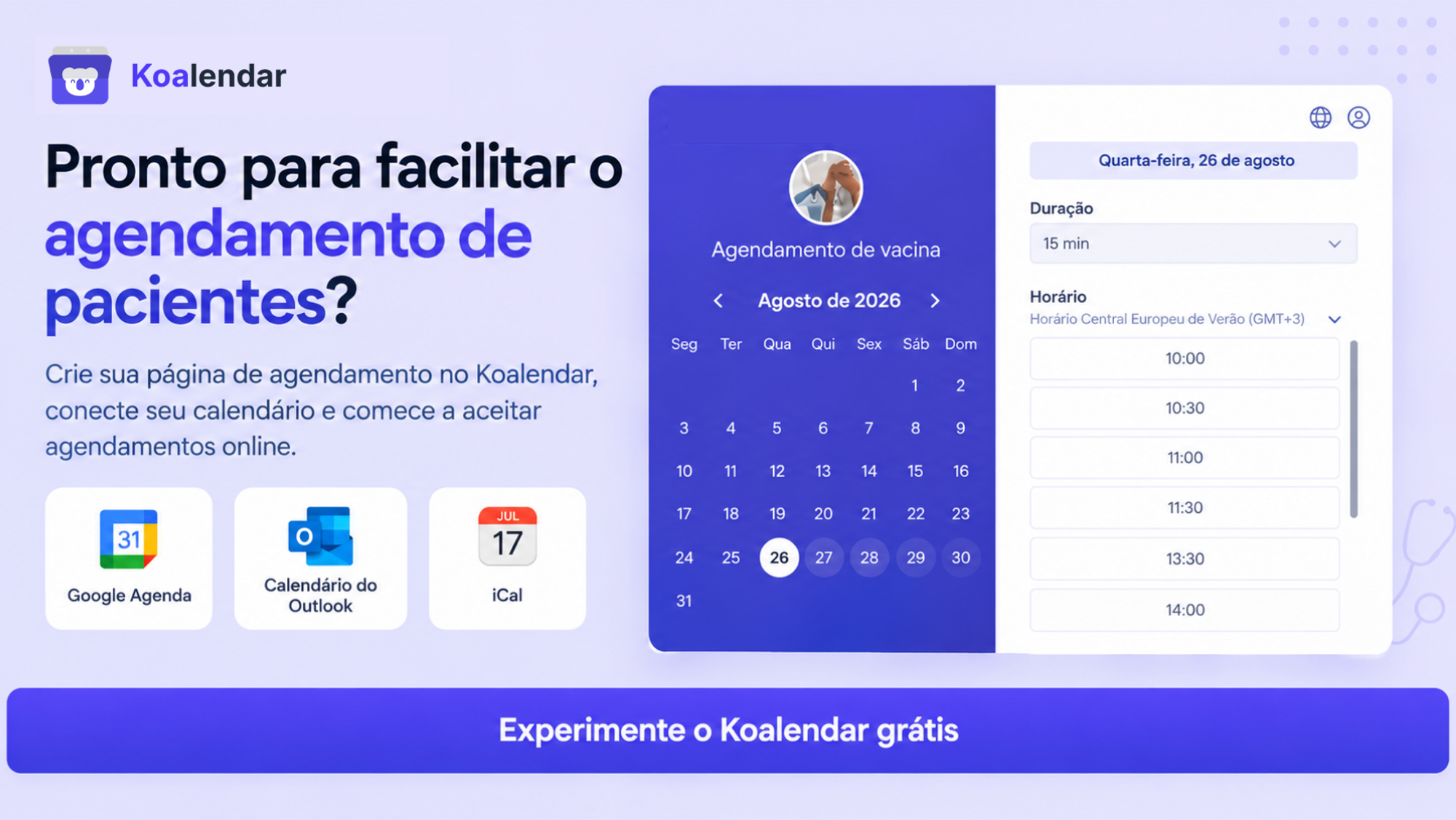 banner do sistema de agendamento de pacientes Koalendar para melhorar a eficiência do agendamento de pacientes 