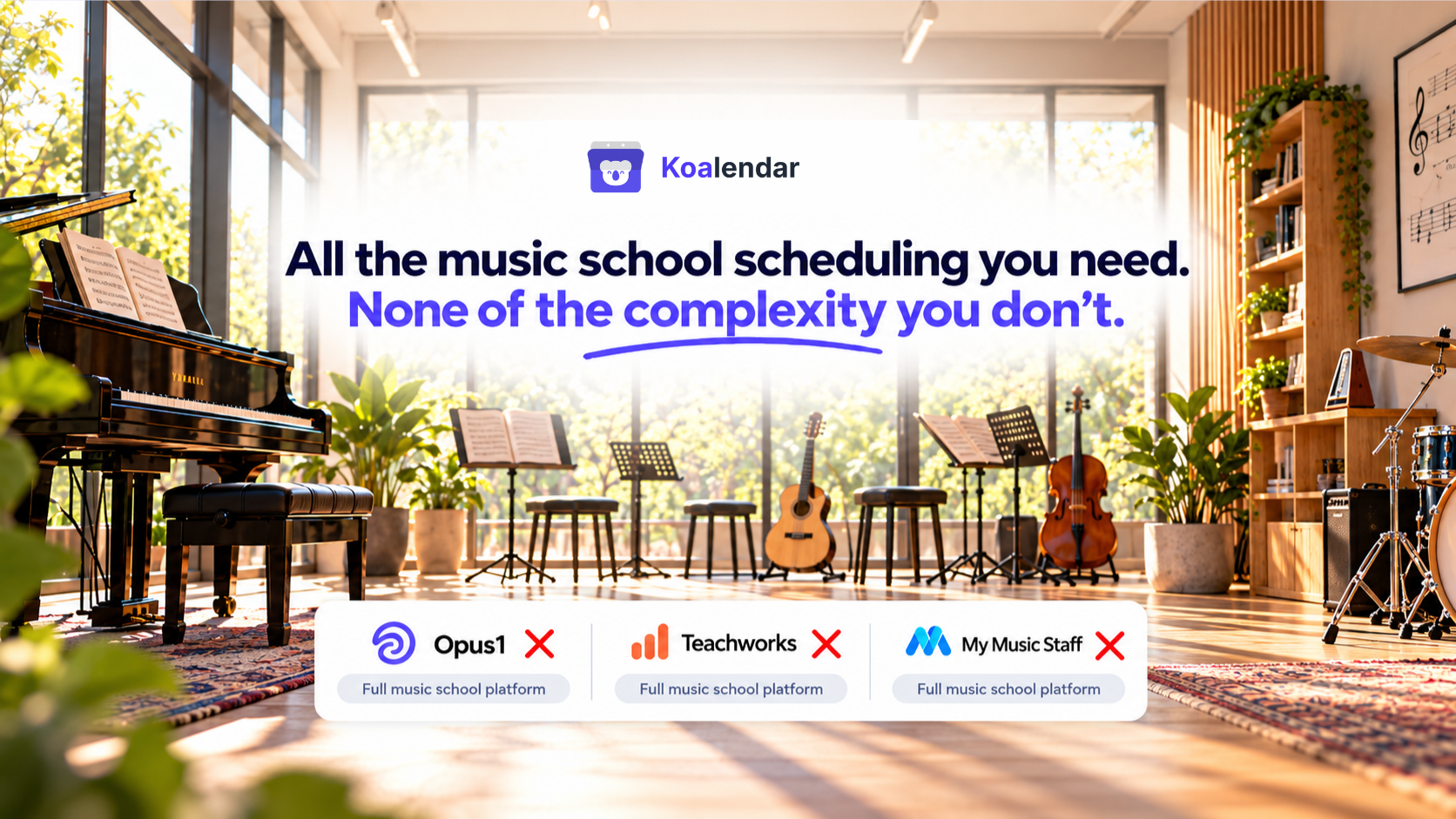 Koalendar music school scheduling software banner showing instruments in a bright music studio.