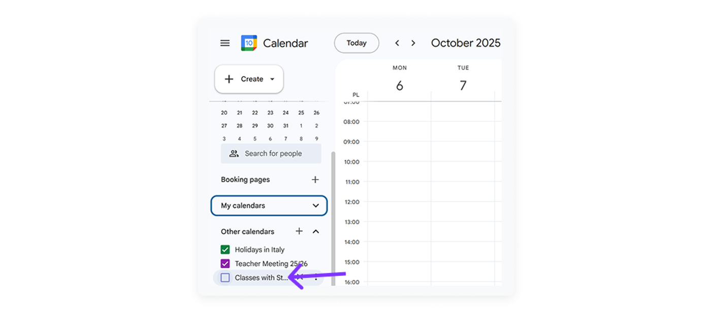 screenshot of hide calendars as one of google calendar hacks