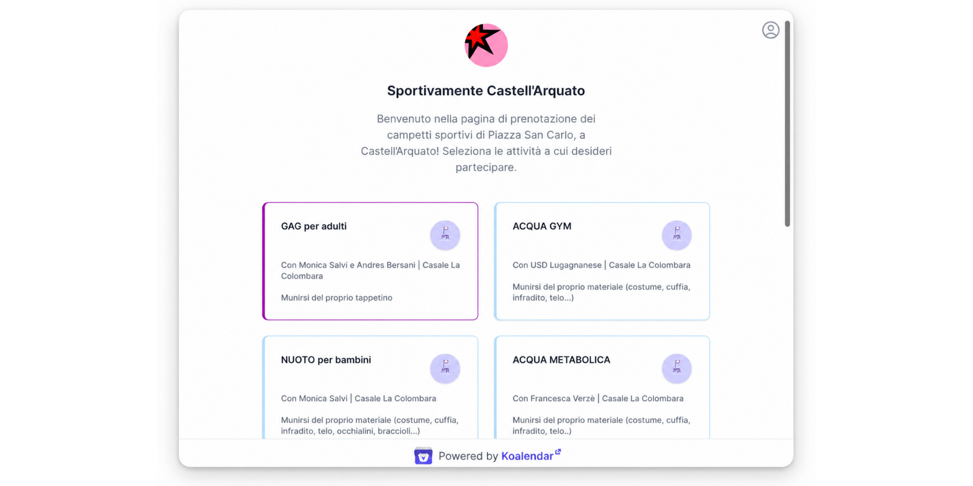 booking page for sport event made with Koalendar