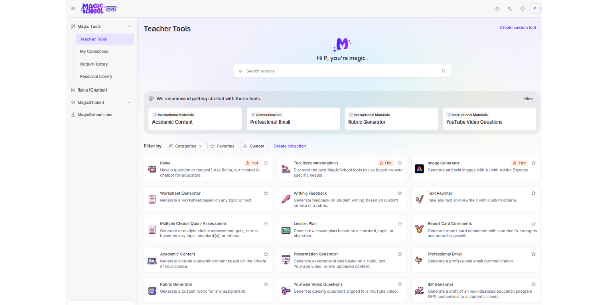 Magic AI UI for teachers