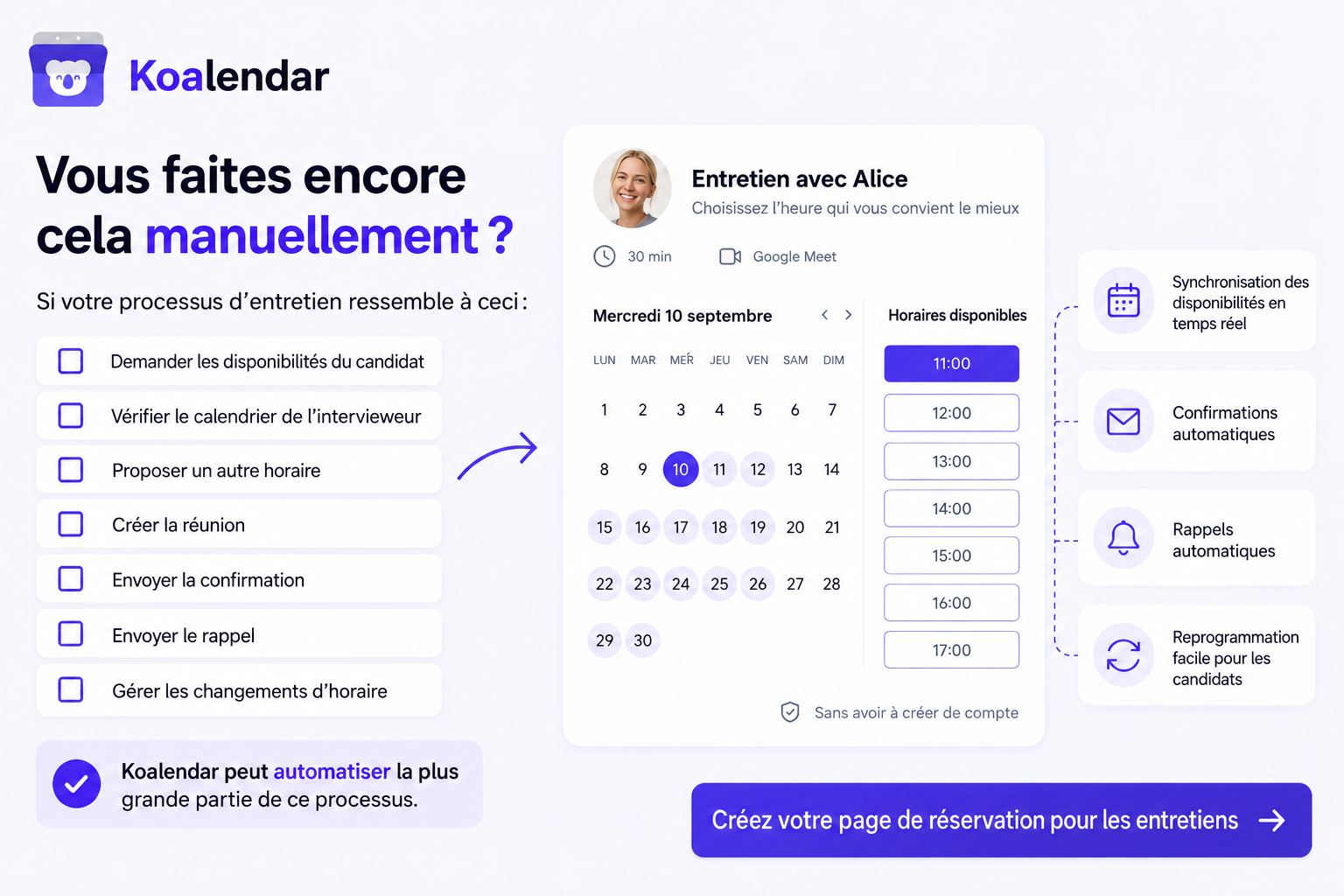 Planification intelligente Koalendar avec e-mail de confirmation d’entretien