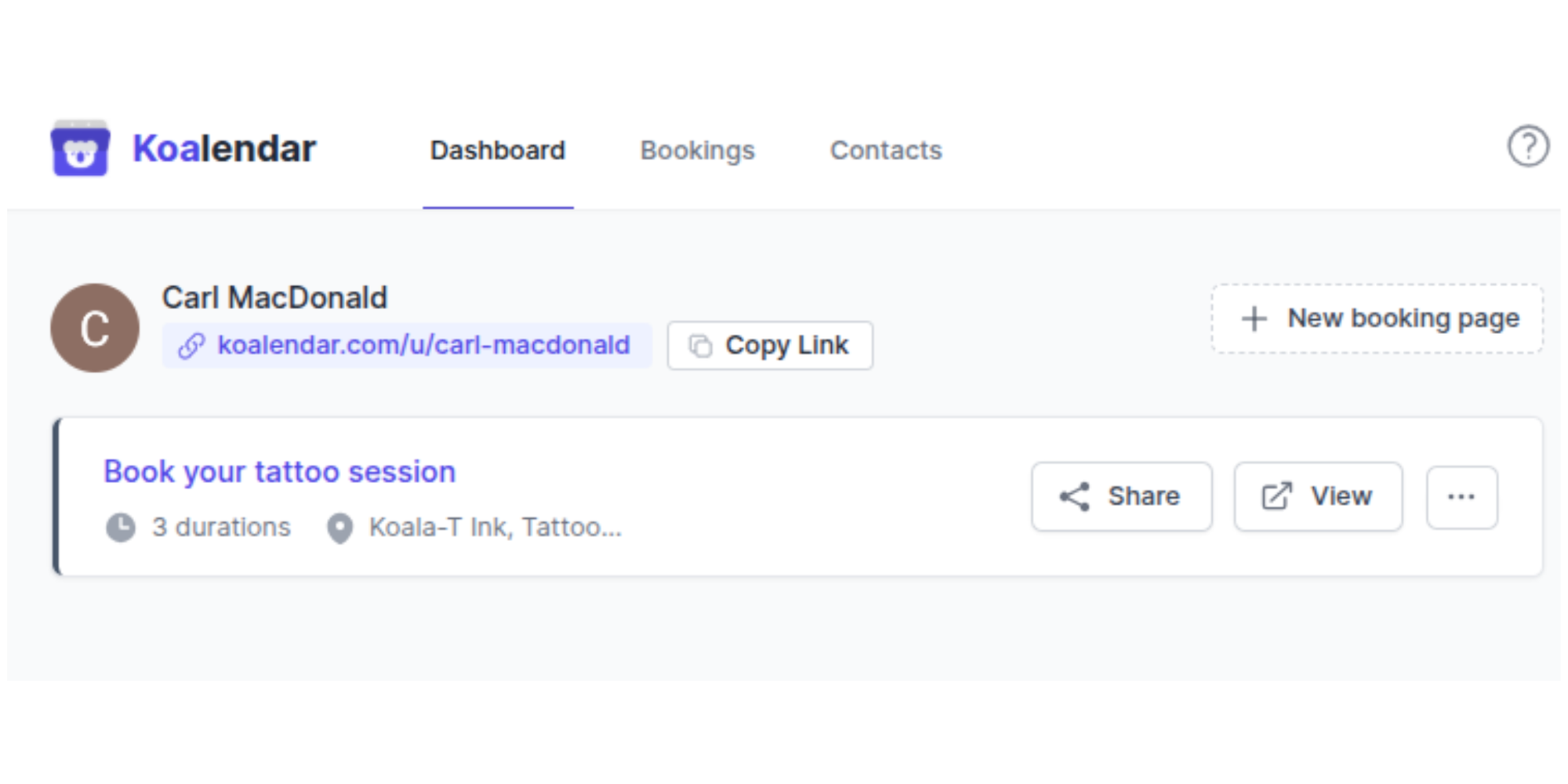 Screenshot of the dashboard in Koalendar showing new booking page for a tattoo store