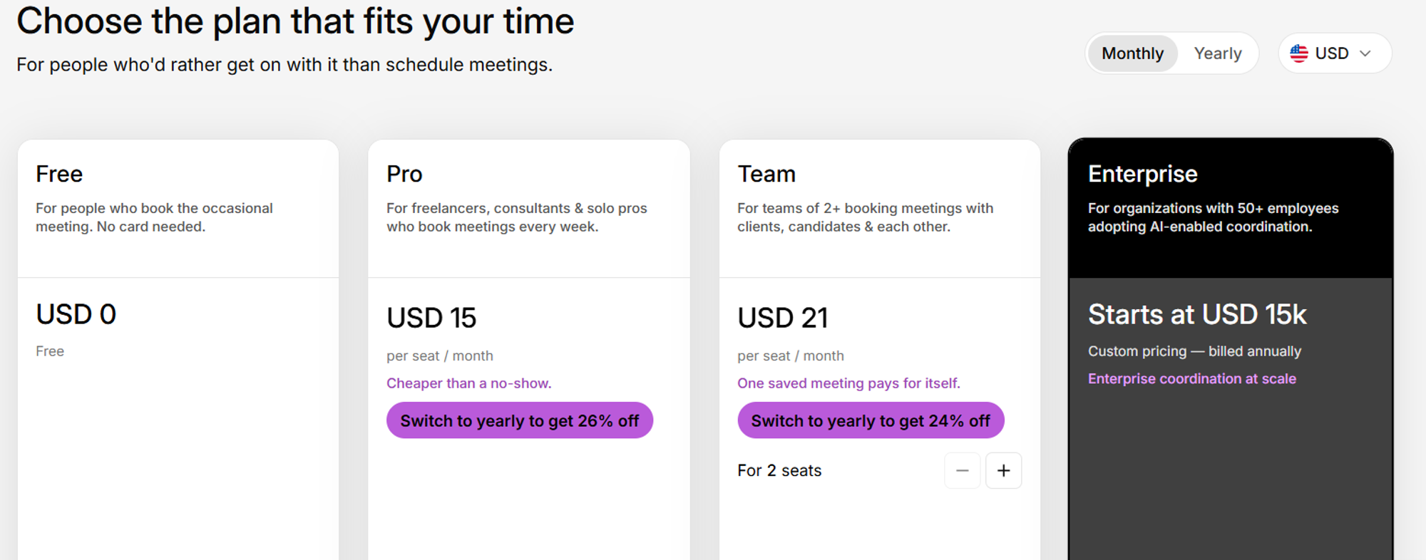 Doodle pricing comparison showing monthly Free, Pro, Team and Enterprise plans in US dollars