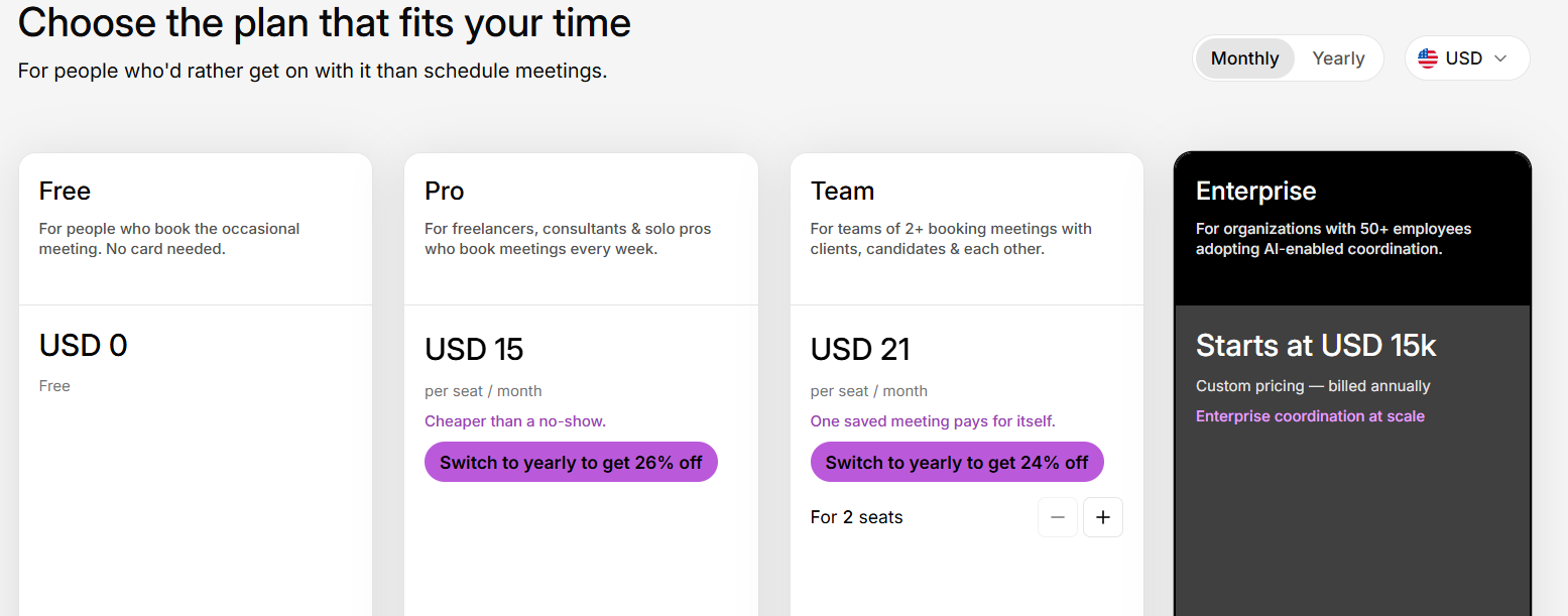 Doodle pricing comparison showing monthly Free, Pro, Team and Enterprise plans in US dollars