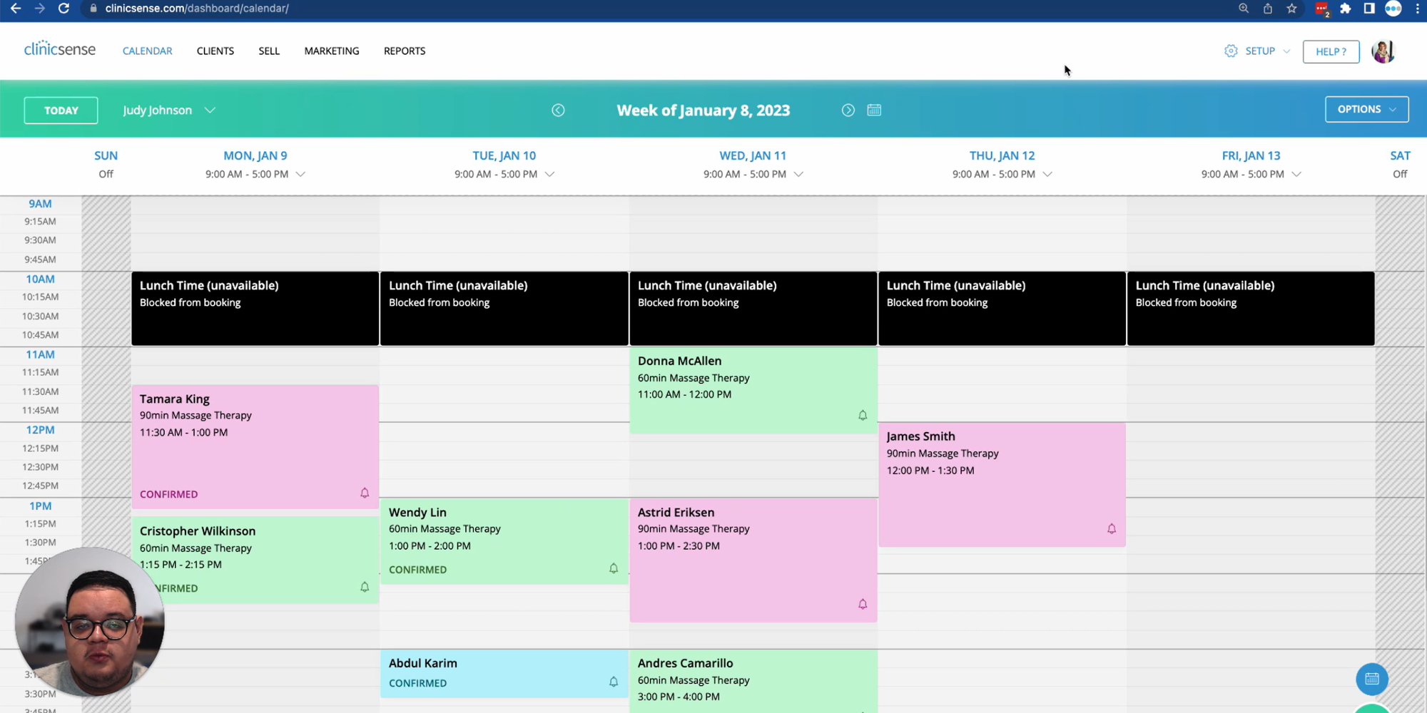 screenshot of clinicsense best online booking system for massage therapist