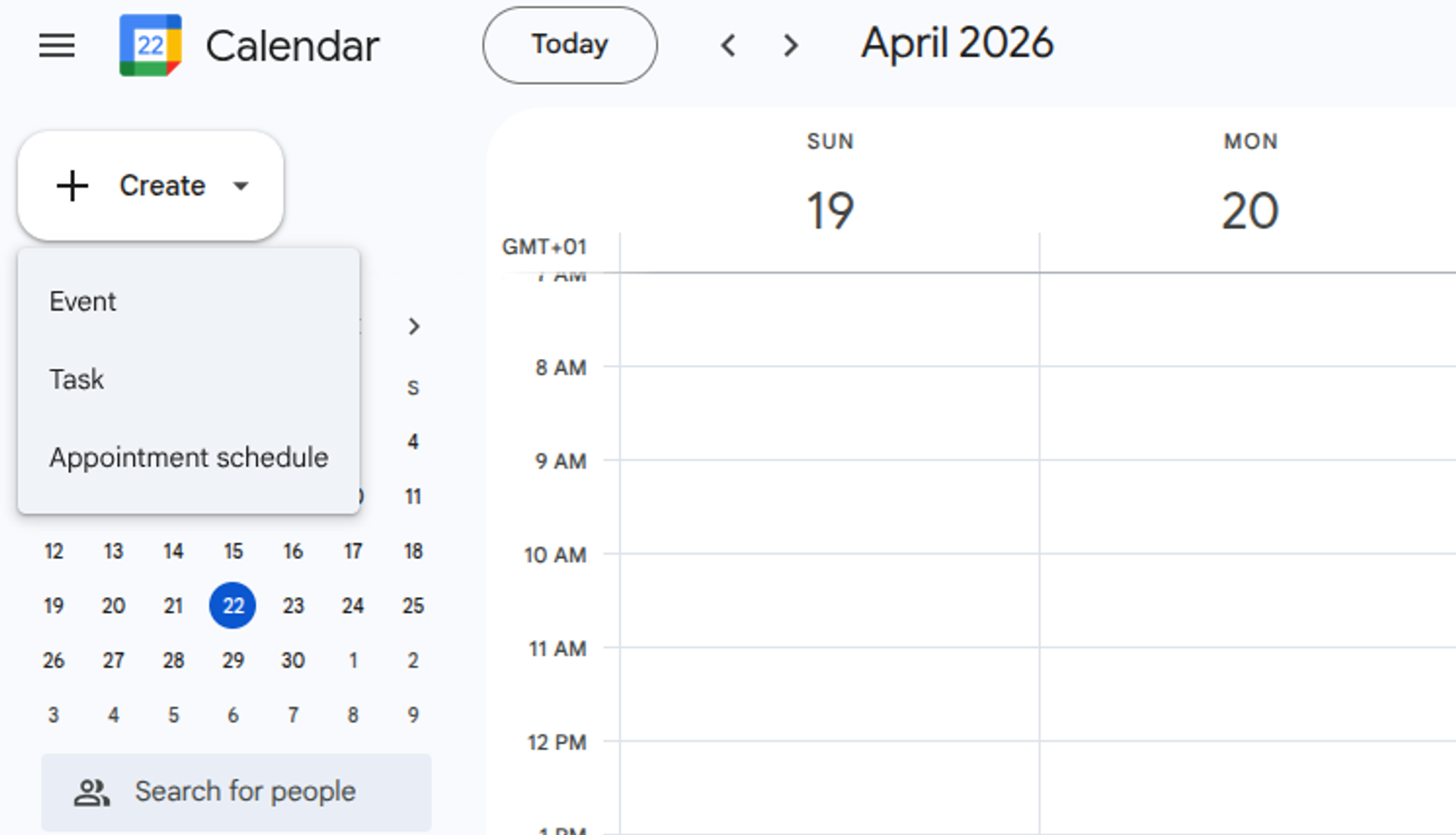 ‘Create’ menu in Google Calendar