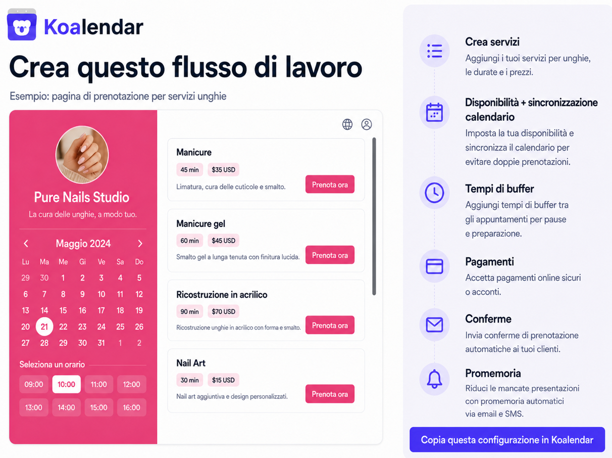 Crea un flusso di prenotazione per servizi di bellezza con il software di pianificazione Koalendar