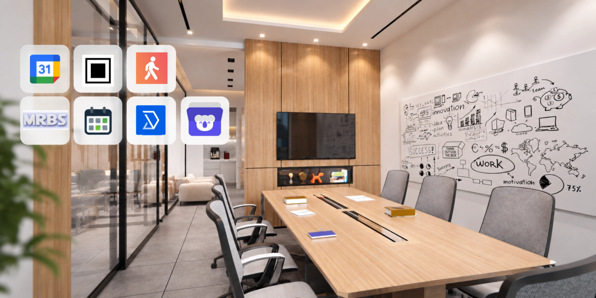 conference room with logos of Free meeting room booking systems 