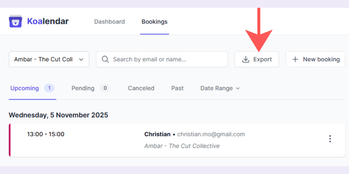 export bookings option in koalendar scheduling software to increased productivity