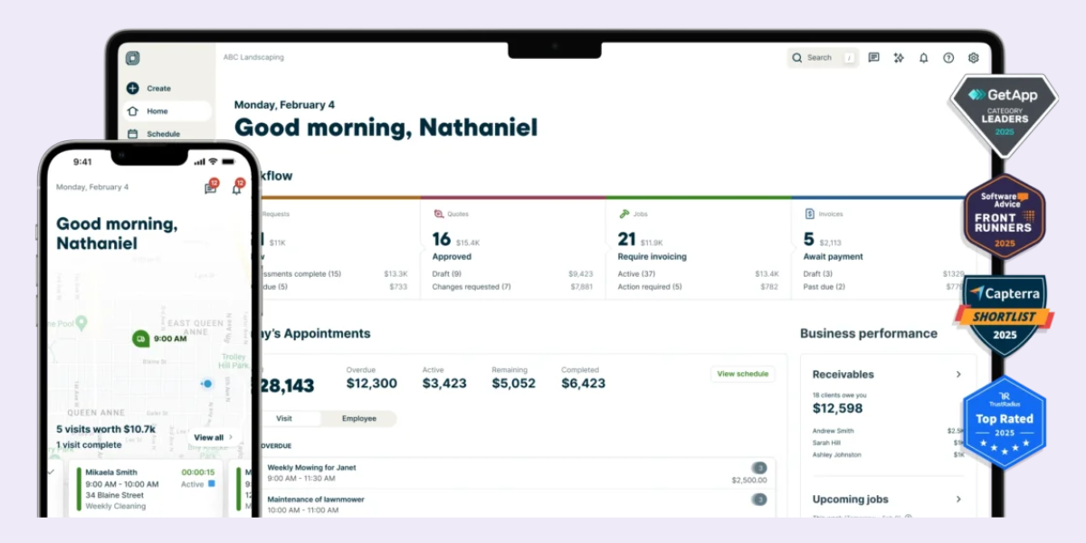 Screenshot of Jobber platform for electricians including desktop and mobile app