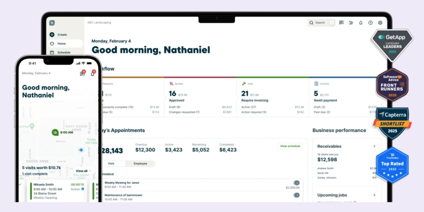 Screenshot of Jobber platform for electricians including desktop and mobile app