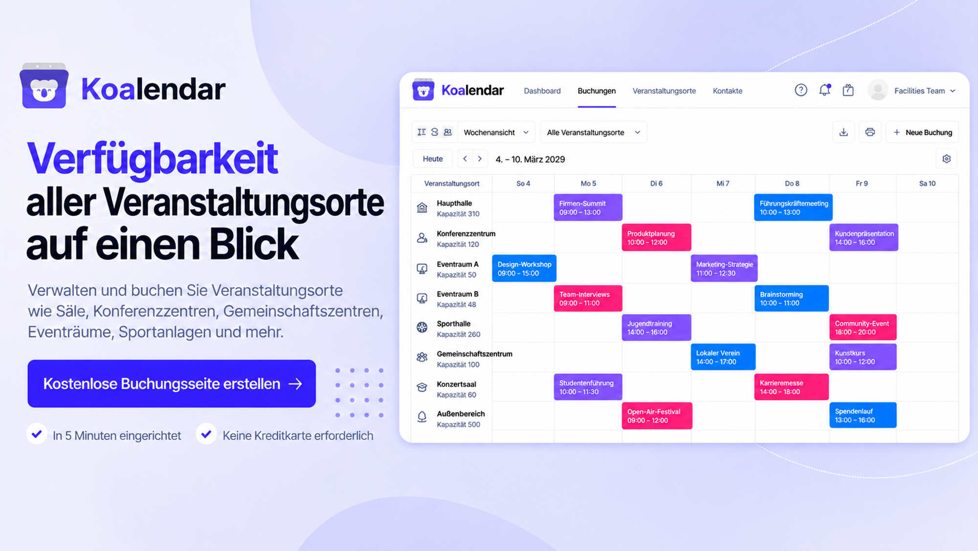 Banner für eine Buchungssoftware für Veranstaltungsorte mit einer Übersicht über die gesamte Verfügbarkeit aller Veranstaltungsorte