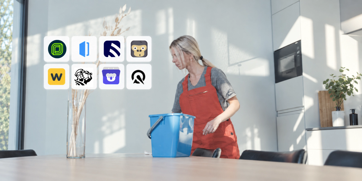 blond woman in orange uniform cleaning a house comparing home services scheduling software