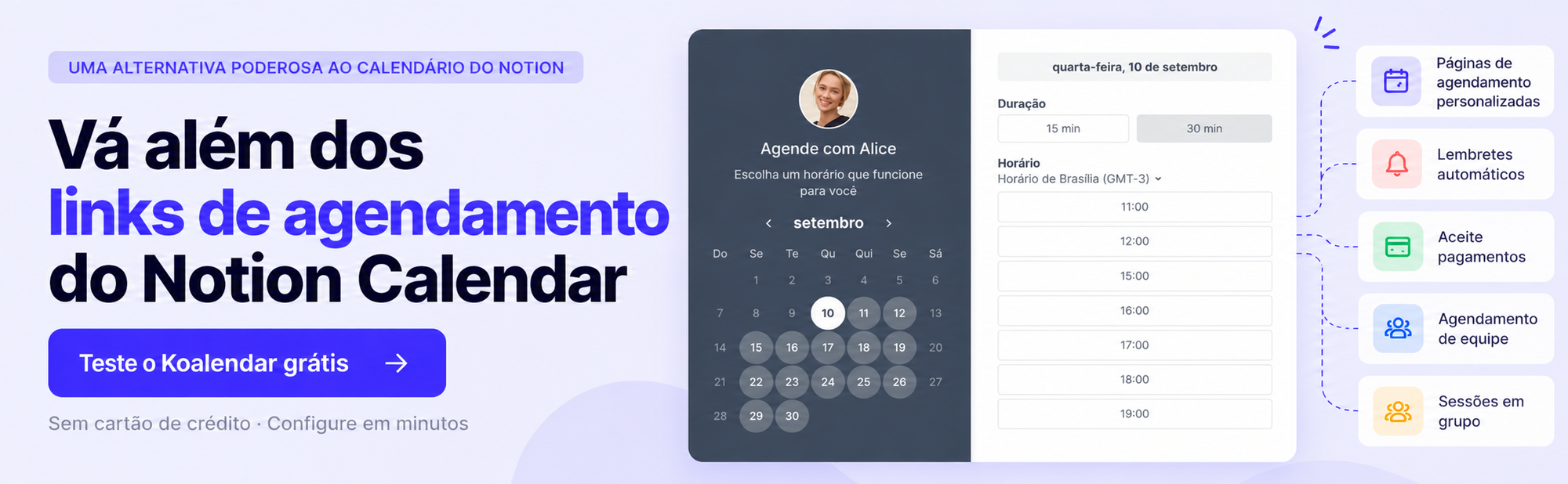 Página de agendamento e recursos para compromissos do Koalendar apresentados como uma alternativa ao Notion Calendar.