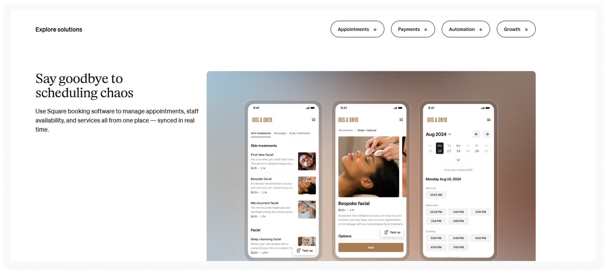 captura de pantalla de las principales plataformas de reserva para salones Square Appointments