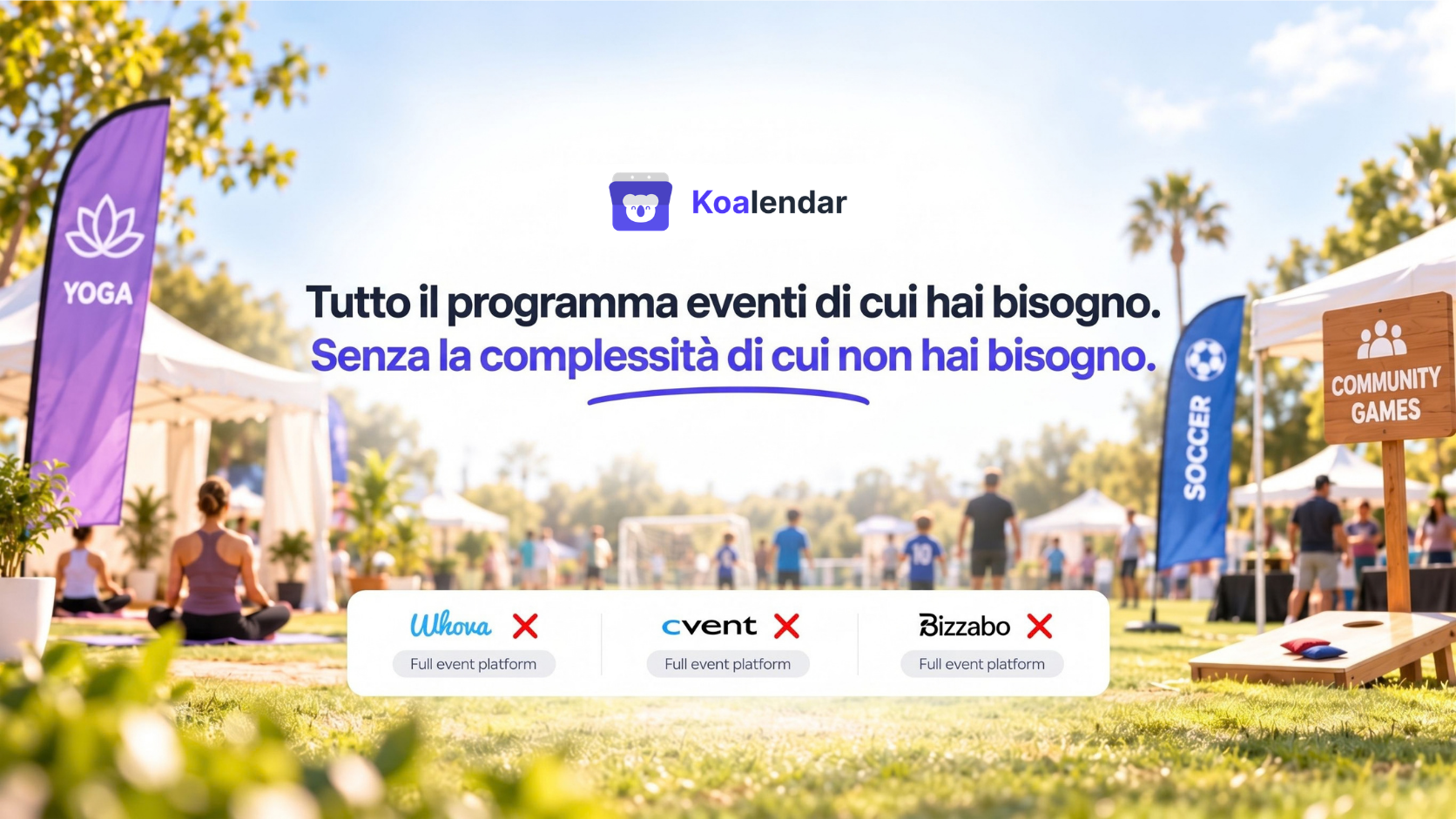 Banner di Koalendar che mostra yoga all'aperto, calcio e attività comunitarie, rivolto agli organizzatori che confrontano software per la gestione delle prenotazioni di spazi per eventi