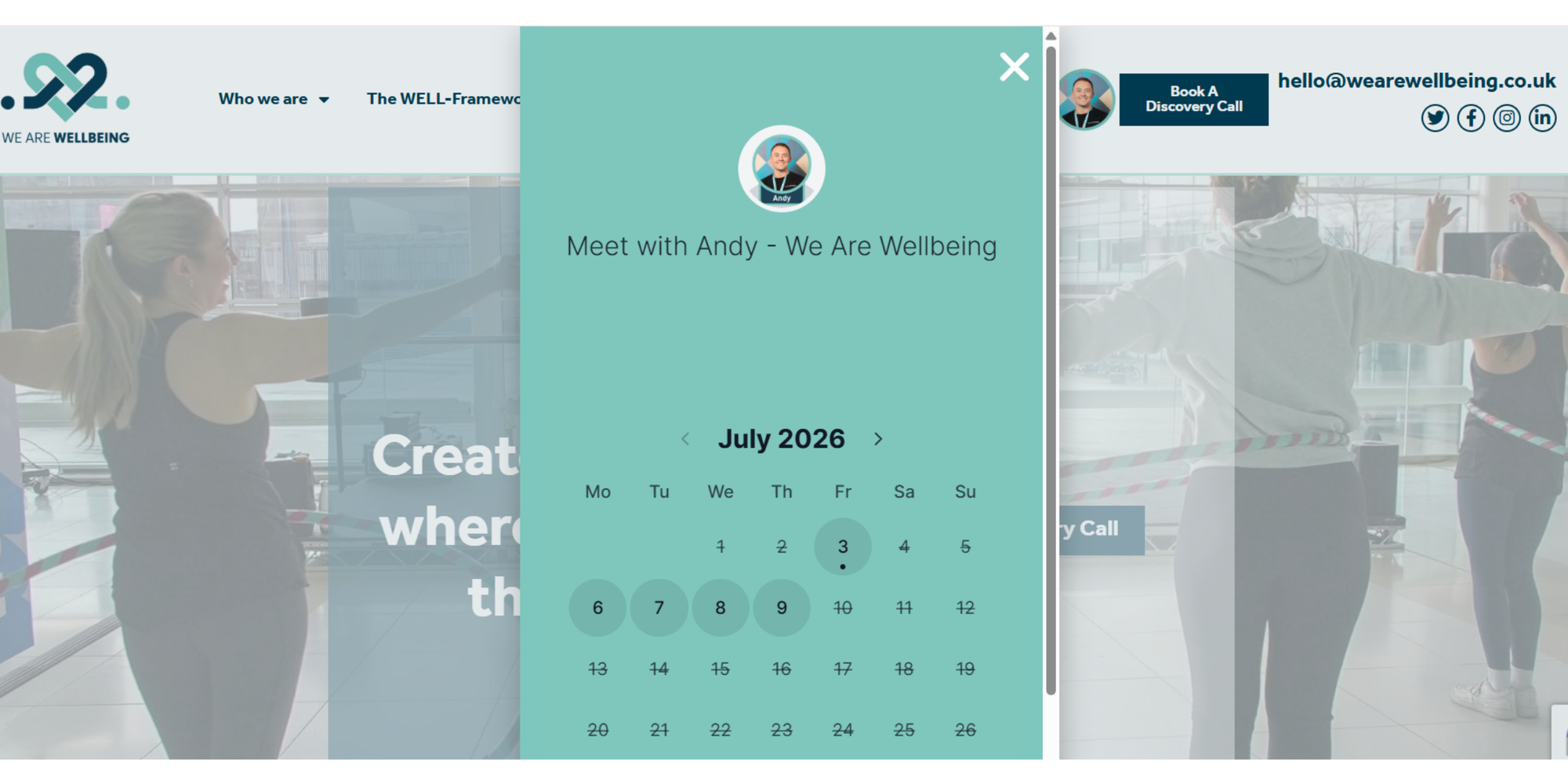 embed Koalendar booking page for discovery call at We Are Wellbeing website