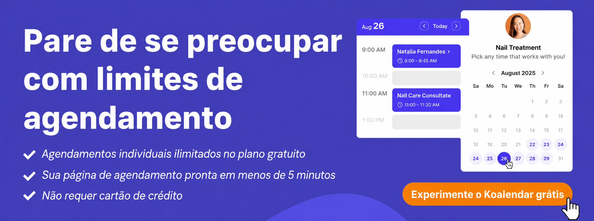 banner sobre ausência de limites de agendamento com o software de agendamento Koalendar em comparação com os recursos do simplybook.me